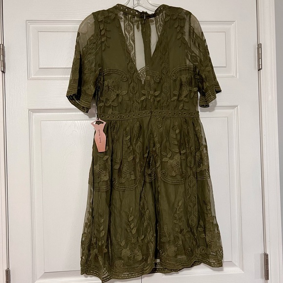 NWT Embroidered Olive Mini Dress - Picture 5 of 6